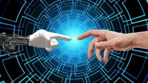 robot hand and human hand coming close to each other representing a narrowing gap between human and artificial intelligence collaboration