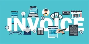 infographic about electronic invoicing elements – calculator, bills templates, calendars, laptops