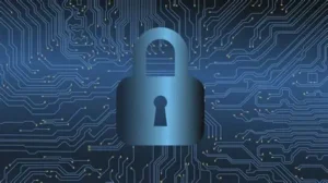lock on a blue background with interconnected data lines