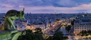 view over Paris with Seine River, Eiffel Tower and Notre Dame Church in the background